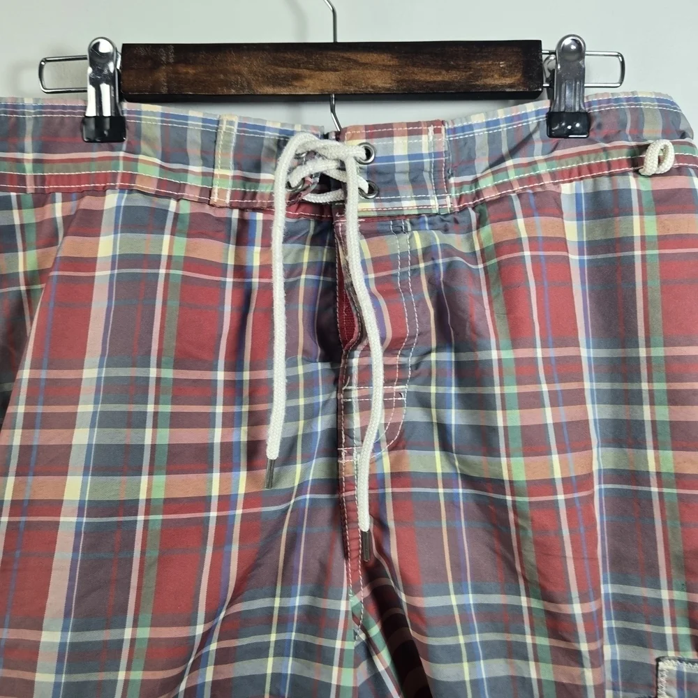 Lands' End Red Plaid Men's Swim Trunks